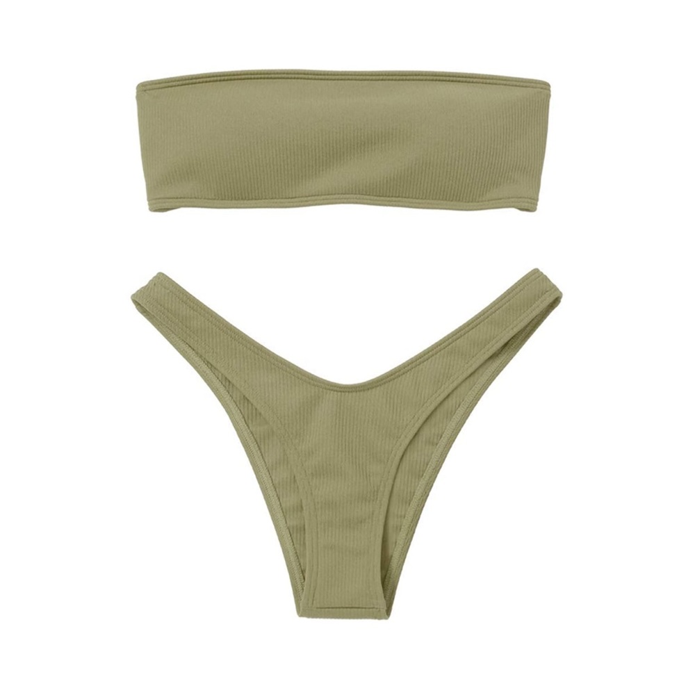 Ribbed Bandeau Bikini Set - Pea Green